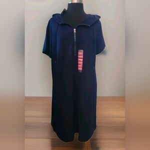 Spense Short Sleeve Hoodie Navy Blue Shirt Dress Midi Length, XXL